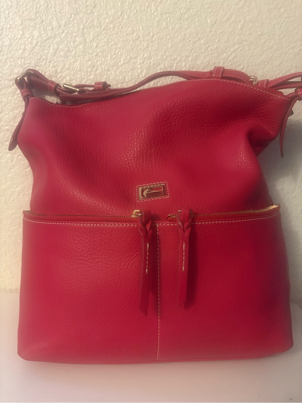 Dooney & Bourke Red Pink Pebbled Leather Shoulder Bag with Gold Hardware